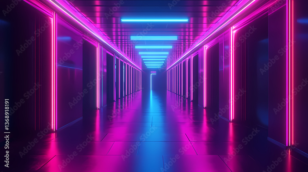 Generative ai illustration of empty dark hall with neon illumination. Obscured Glow. Illustration Generative ai illustration of empty dark hall with neon illumination. Obscured Glow. Illustration