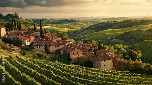 Tuscan Village Sunset: Rolling Hills, Vineyards, and Rustic Charm