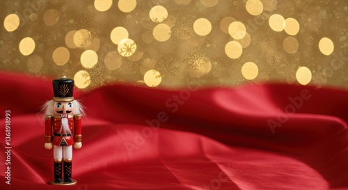 A nutcracker in a red and blue uniform with a white beard stands on a vibrant red fabric against a golden bokeh background with snowflakes