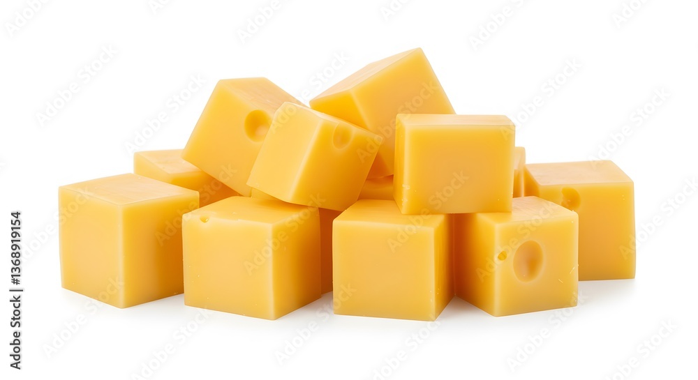 A Delicious Pile of Cubed Cheddar Cheese Ready to be Enjoyed, Perfect for Snacking or Cooking, Isolated on White Background