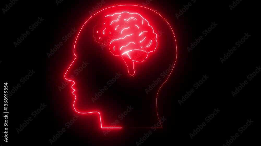 Glowing neon human head with Neon Brain Icon, Glowing Human Intelligence Profile with black back ground. Glowing neon human head with Neon Brain Icon, Glowing Human Intelligence Profile with black back ground.