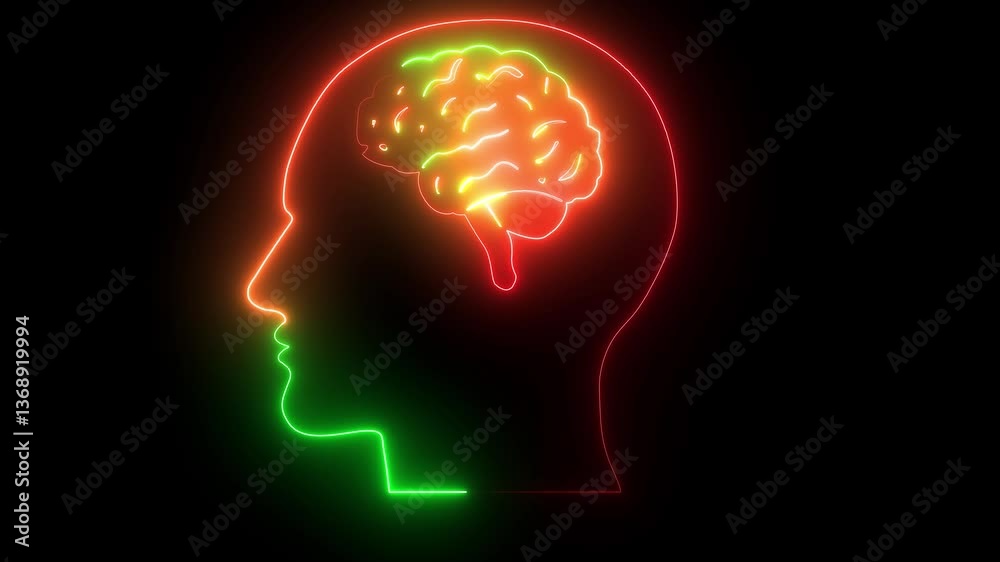 Glowing neon human head with Neon Brain Icon, Glowing Human Intelligence Profile with black back ground. Glowing neon human head with Neon Brain Icon, Glowing Human Intelligence Profile with black back ground.