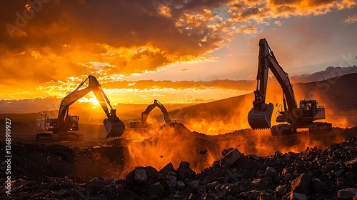 Excavators mining at sunset, dust and rocks. Industry use