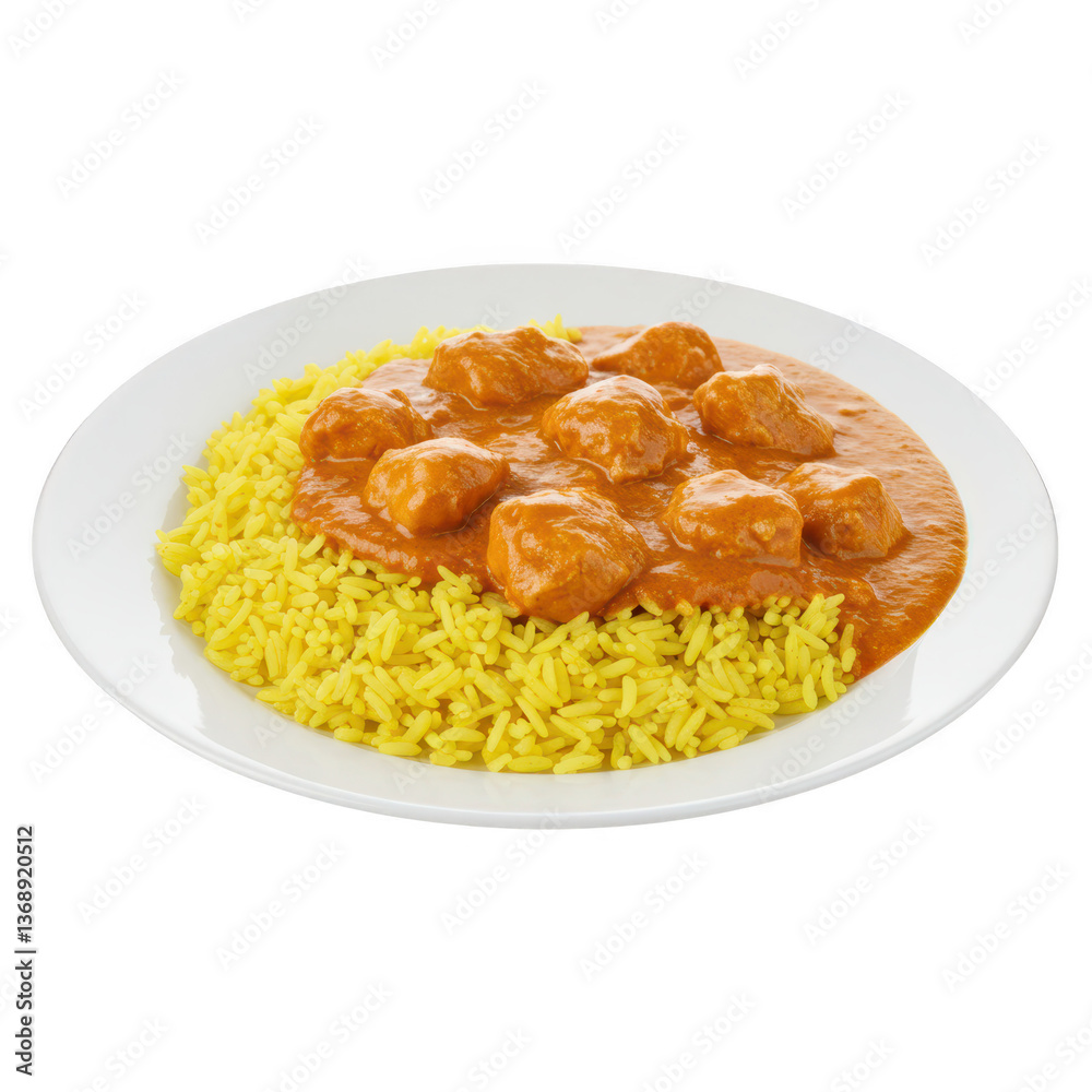 A white plate filled with fluffy yellow rice topped with creamy butter chicken isolated on transparent background