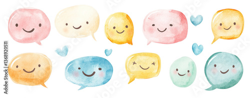Hand-drawn, cute cartoon speech bubbles with smiling faces, isolated on a white background, png