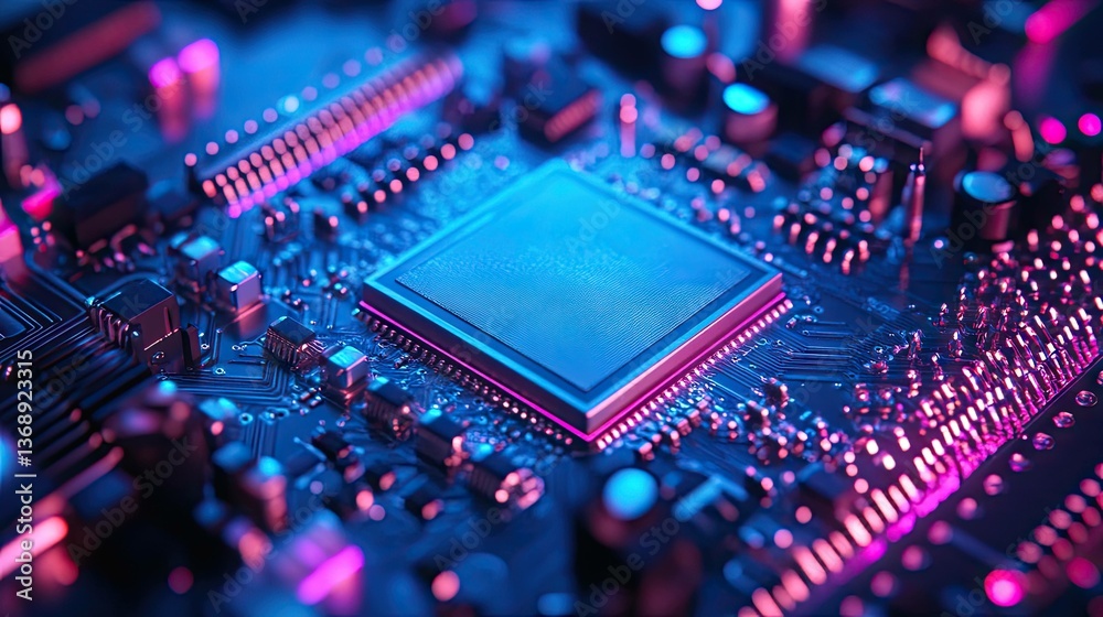 Futuristic technology circuit board with processor and neon glow effect Futuristic technology circuit board with processor and neon glow effect