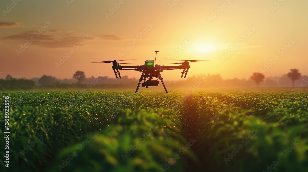 Agricultural drone flying over field at sunset for precision farming Agricultural drone flying over field at sunset for precision farming