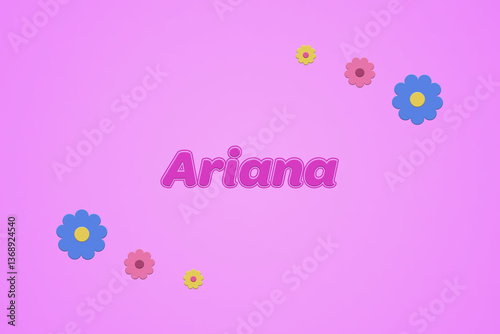 Ariana female girl name illustration in pink with blossoms, flowers photo