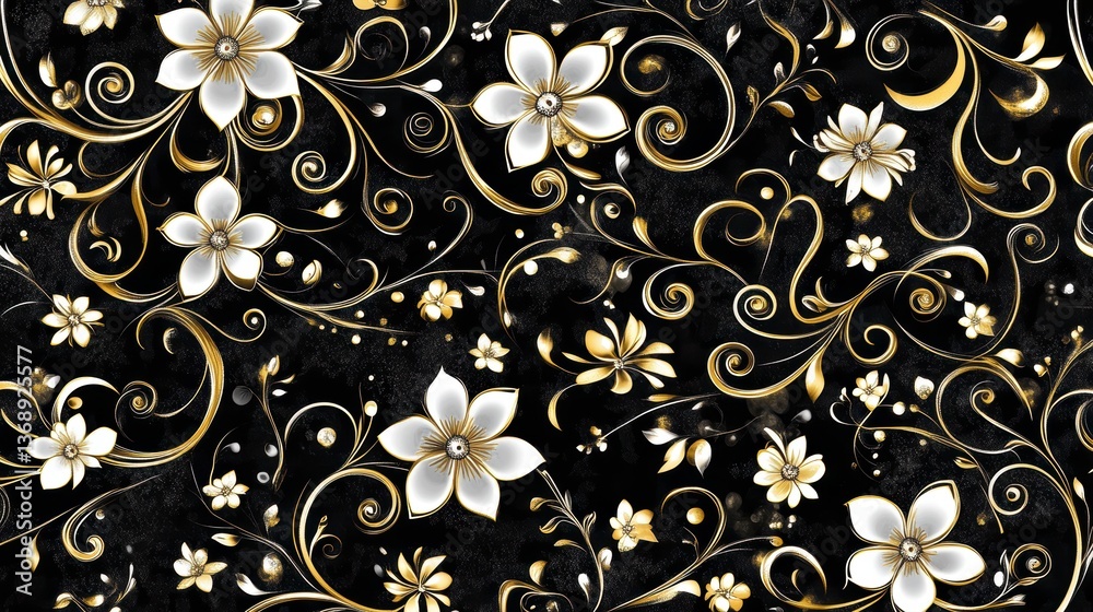 Elegant black background with gold swirls and white flowers. Elegant black background with gold swirls and white flowers.