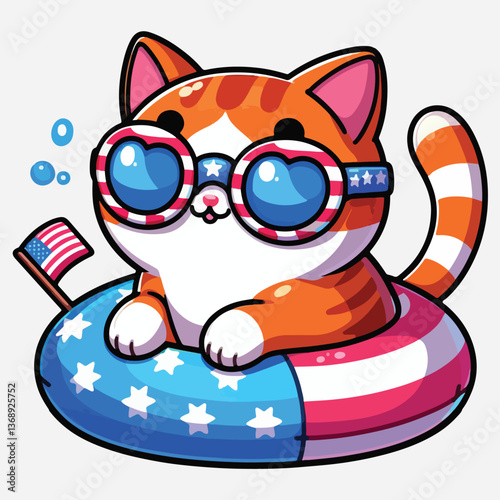 Playful patriotic cat with rubber circle and American flag. Funny holiday Independence Day cartoon kawaii character.