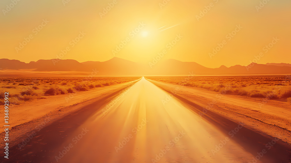 Fototapeta premium Heat waves distorting the view of a long desert road under the sun. Mirage Horizon. Illustration