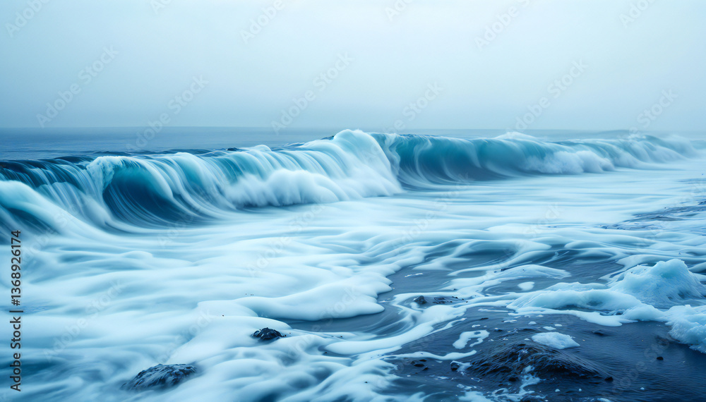Fototapeta premium Ocean wave breaking on the beach in misty weather.