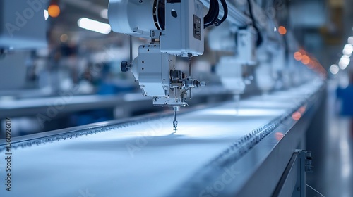 Industrial sewing machines stitch fabric in factory