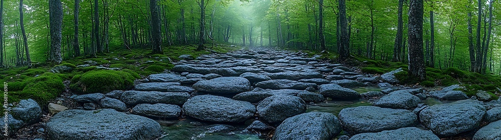 Naklejka premium A stone path winds through a lush green forest scene