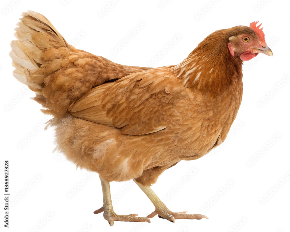 Fototapeta premium A graceful light brown hen standing proudly against a pure white background, showcasing its soft feathers and delicate features. AI Generative