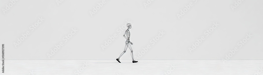 Humanoid wireframe figure walking in a white room for anatomy study Humanoid wireframe figure walking in a white room for anatomy study