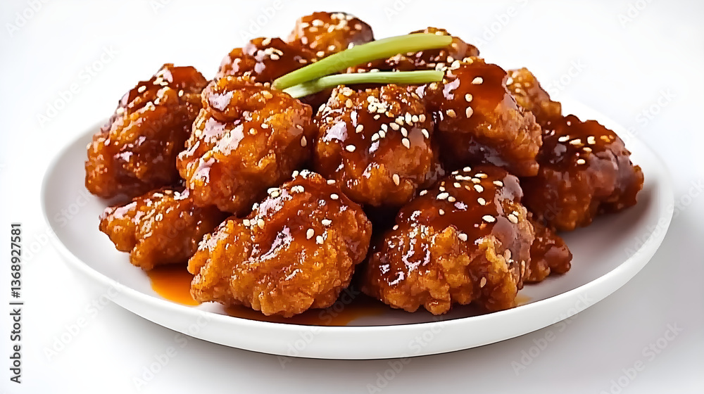 A plate of korean fried chicken with sweet and sour sauce, white background, high resolution photography A plate of korean fried chicken with sweet and sour sauce, white background, high resolution photography