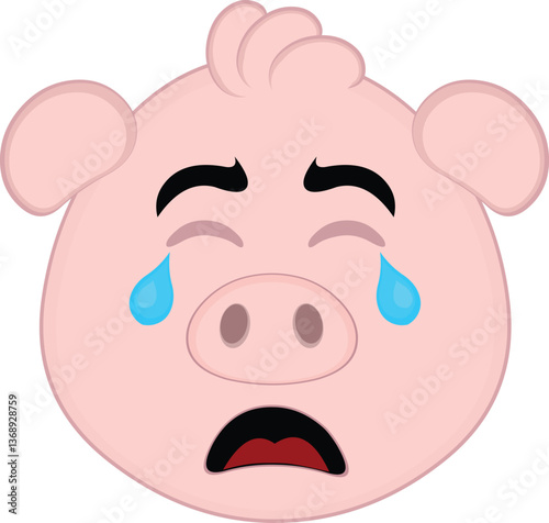 vector illustration emoji character face pig cartoon, crying with tears falling from his eyes
