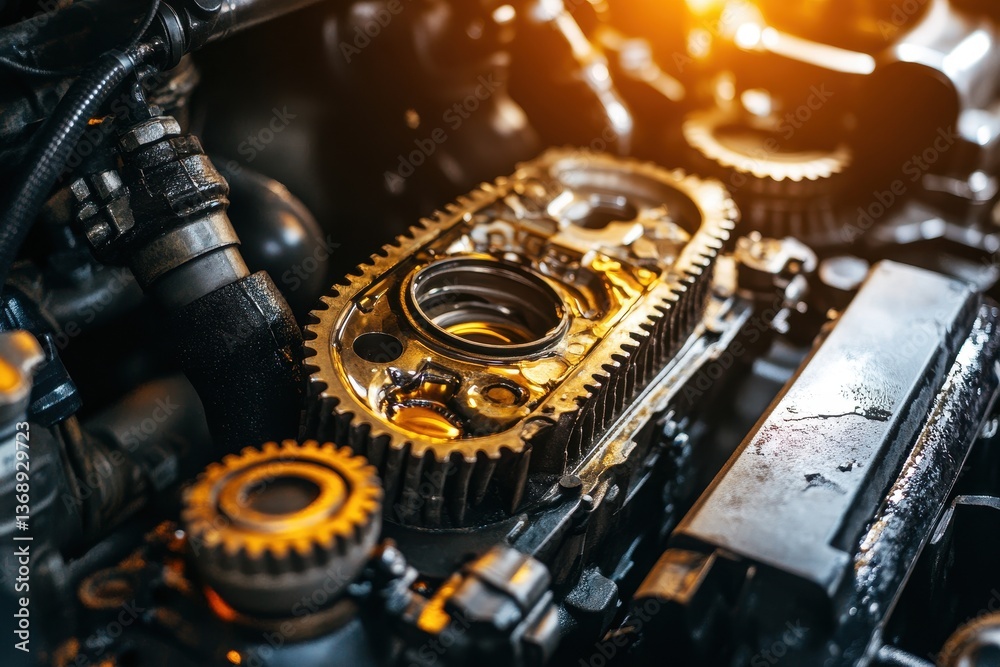 Fototapeta premium Close-up on shiny gears inside car engine with sunlight reflections. It can show engineering, repair work, or the inner workings of complex systems.