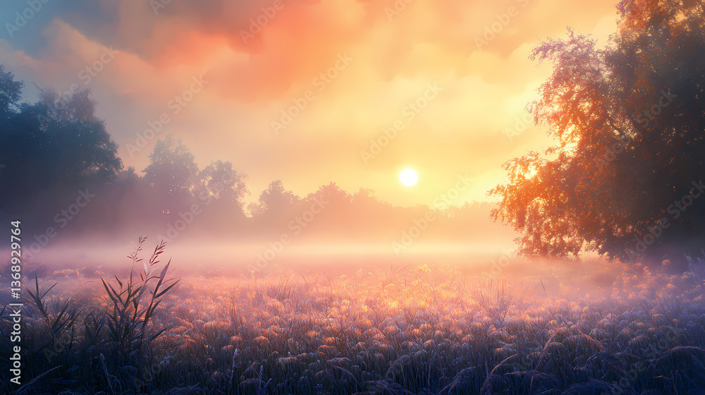 Fototapeta premium Dew-kissed grass beneath a veil of fog wraps the landscape in a mystical shroud, whispers of a lived-in world amidst the misty dawn. Dew-Kissed Veil. Illustration