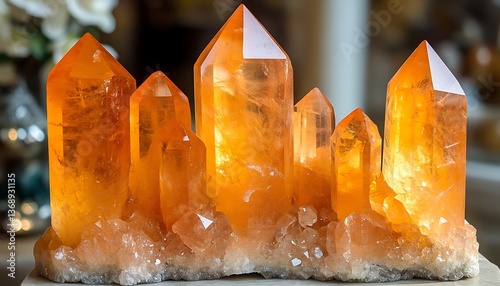 Cluster of orange quartz crystals on a white base. photo