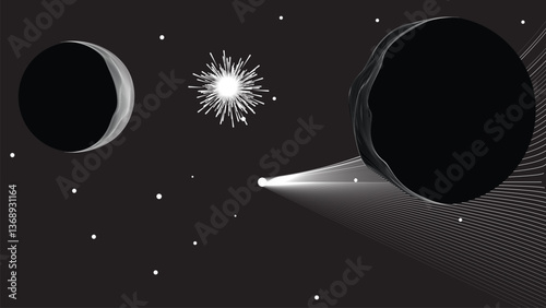 Star and moon and comet in outer space. Futuristic landscape, with lines texture . Space landscape with moon and sun . Deep space vector illustration. Vector line art. Star explosion .

