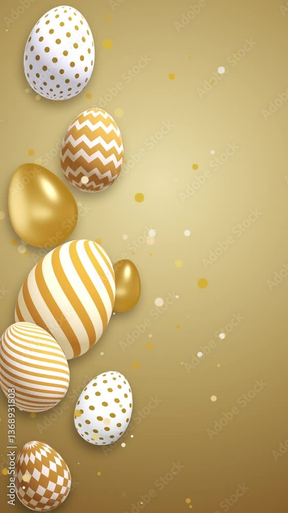 Realistic 3D golden eggs with geometric pattern on yellow background. Easter design elements. Looped animation with copy space. Vertical video. Realistic 3D golden eggs with geometric pattern on yellow background. Easter design elements. Looped animation with copy space. Vertical video.
