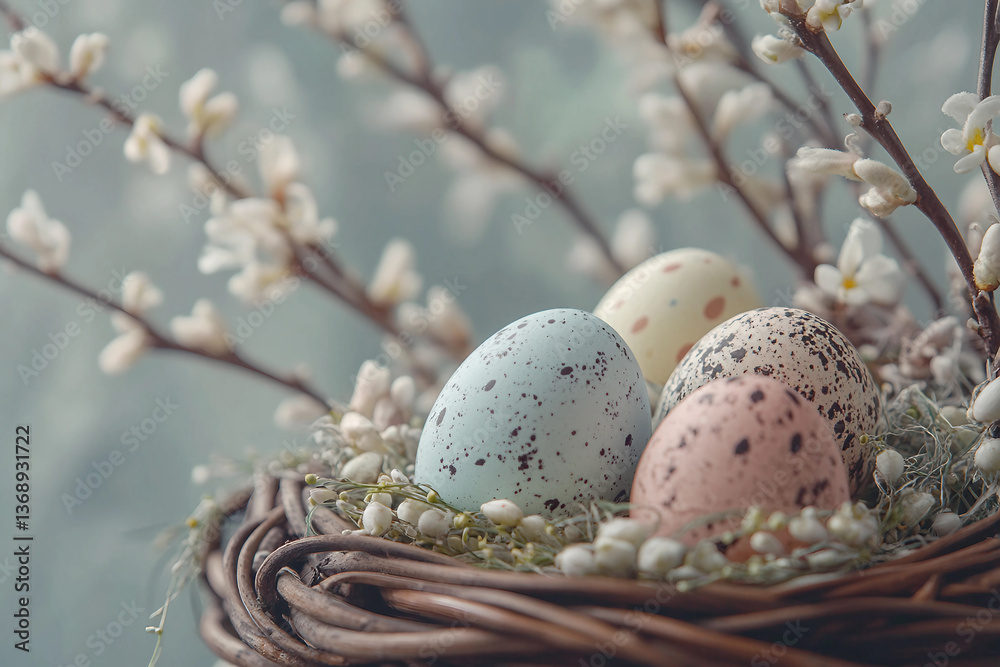 Blooming Willow Branches and Easter Painted Eggs in a Rustic Wicker Basket, Festive Spring Paschal Celebration, Generative AI Blooming Willow Branches and Easter Painted Eggs in a Rustic Wicker Basket, Festive Spring Paschal Celebration, Generative AI