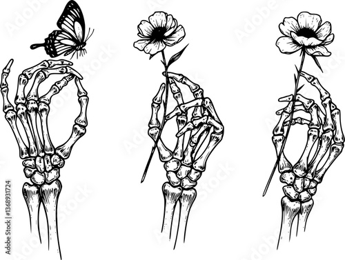 set of Skeleton hand with butterfly flower . Hand drawn vector sketch. Black outline on transparent background
