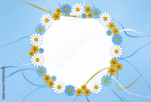 Wreath of blue, yellow and white flowers and ribbons on light blue background with white center. Floral round frame template .Free copy space.
