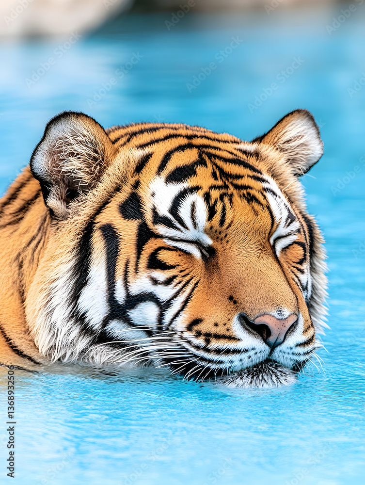 Obraz premium Serene tiger partially submerged in clear blue water, eyes closed