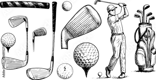 set of Golf sketch set. Sports tools vector illustration. Hand drawn vintage style, isolated
