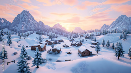 Serene winter village nestled in snow-covered mountains at sunset