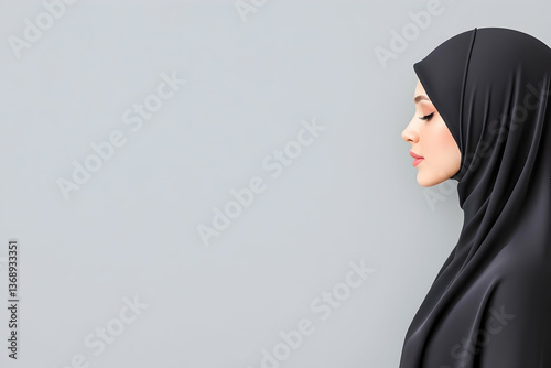 Serene woman in black hijab, profile view against gray background