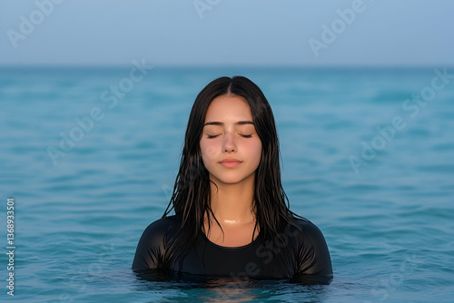 Serene woman with closed eyes in calm ocean water