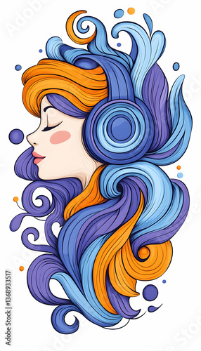 Serene woman with flowing hair and headphones, enjoying music