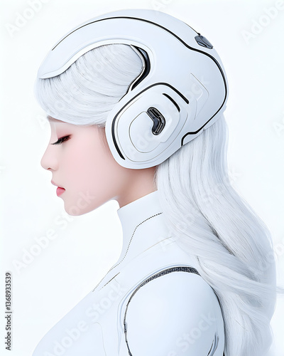 Serene woman with futuristic white helmet and long hair