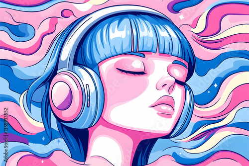 Serene woman with headphones, eyes closed, amidst swirling pastel abstract background