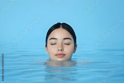 Serene woman's face emerges from calm, blue water; eyes closed, peaceful expression