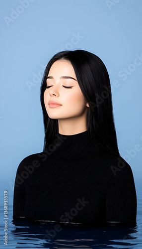 Serene woman with long black hair, partially submerged in water against a blue backdrop, eyes closed