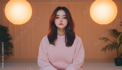 Serene young woman in pink sweater, seated before warm lighting and potted plants