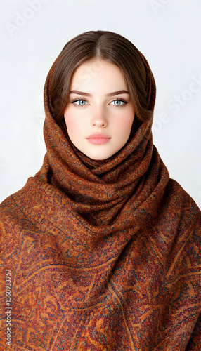 Serene young woman with flawless skin, enveloped in a patterned autumnal shawl against a neutral backdrop