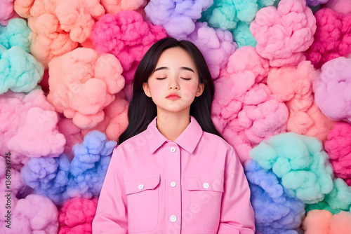 Serene young woman with closed eyes lying amidst pastel-colored smoke clouds