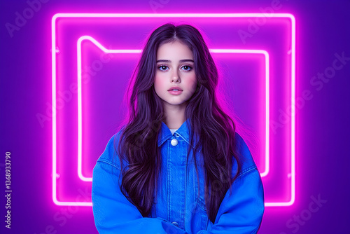 Serene young woman with long brown hair, wearing a blue denim jacket, posed against a vibrant pink neon light frame