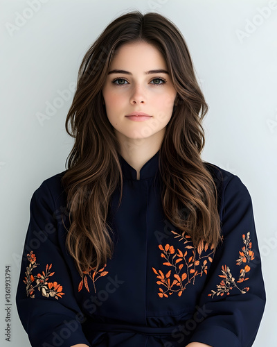 Serene young woman with long brown hair, wearing a dark embroidered top against a light grey background