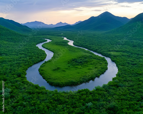 Serpentine river meandering through lush green jungle valley at sunset