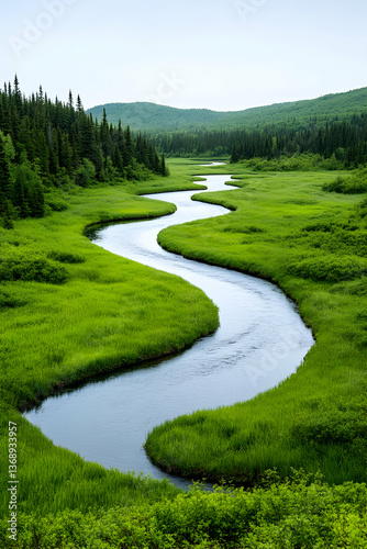 Serpentine river meandering through lush green meadow and forest