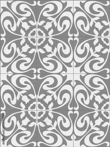 Hydraulic tile. Art Nouveau style in gray and white. Floral design in ceramic.