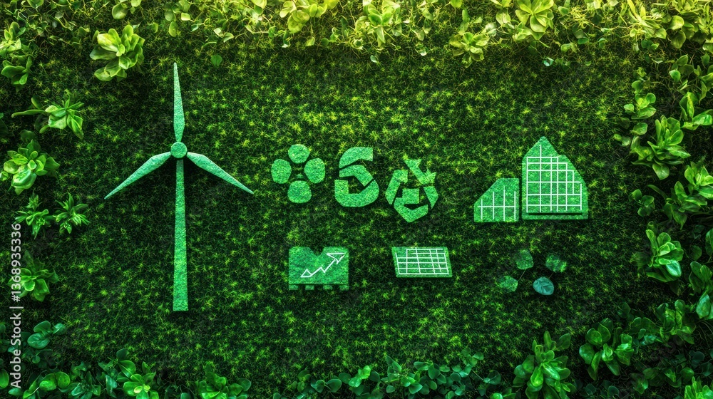 Naklejka premium Green Eco Symbols on Mossy Wall