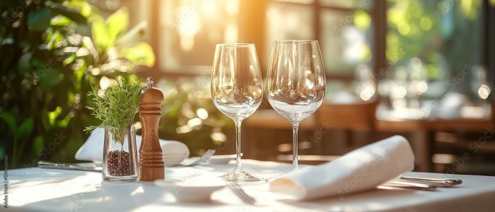 Elegant table setting with wine glasses and pepper mill in sunlit restaurant